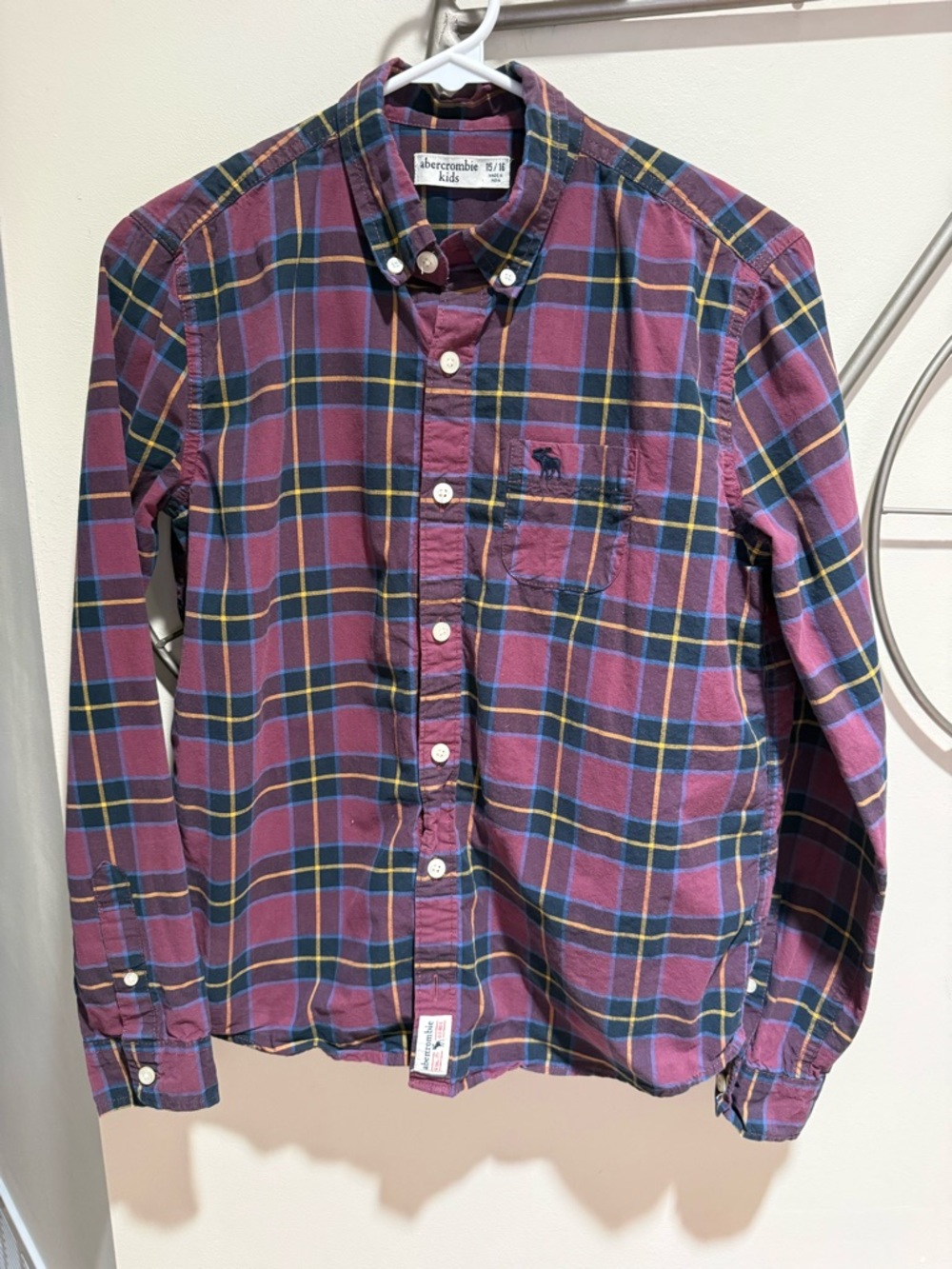 Abercrombie & Fitch Boy’s Maroon Plaid Button-Down Shirt Size 15/16 100% Cotton